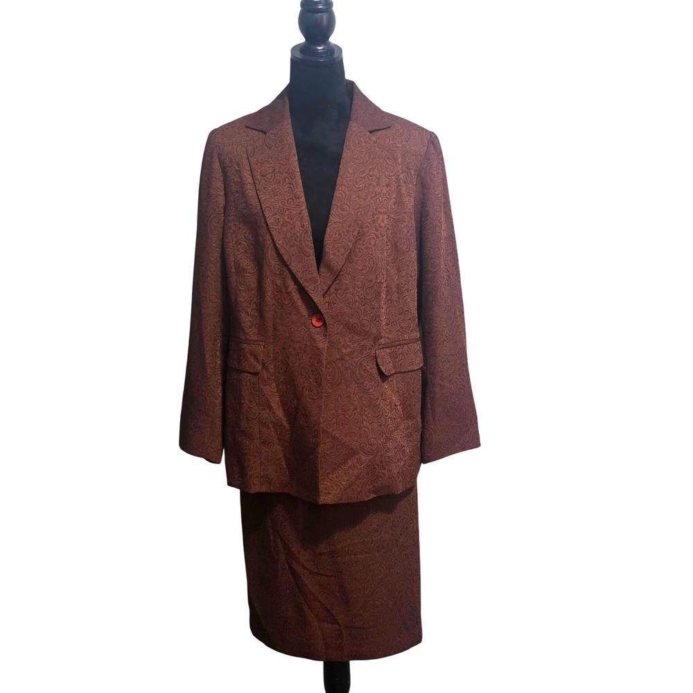 Blacker By Stanley Woman Brown Paisley Skirt Suit Set Blazer Midi Skirt Sz 14W